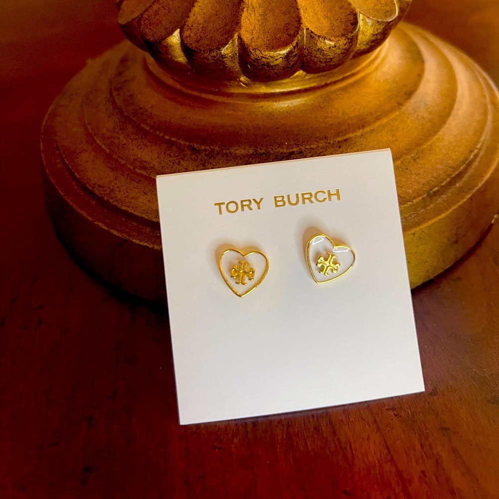 Tory Burch Gold and Cream Heart Studs